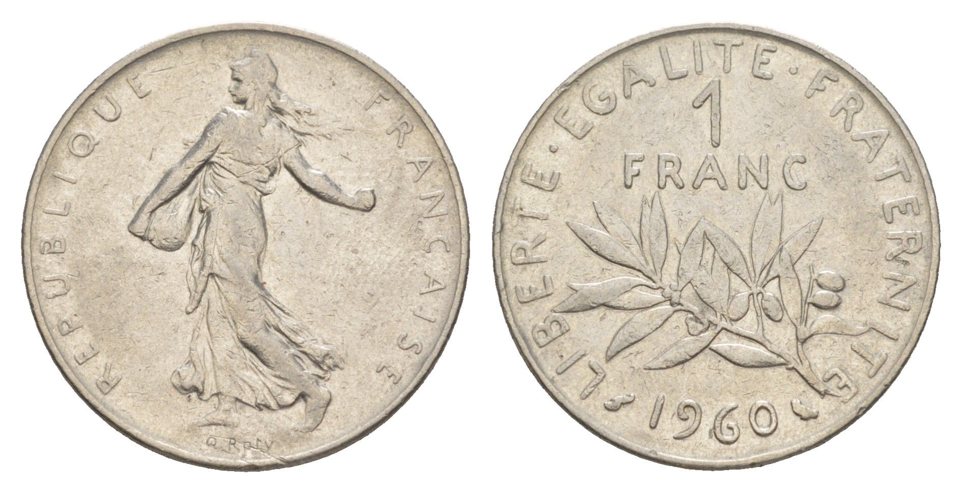 Франция 1 франк 1960 сеятель KM 925, Le Franc 226.5 никель 4650-452