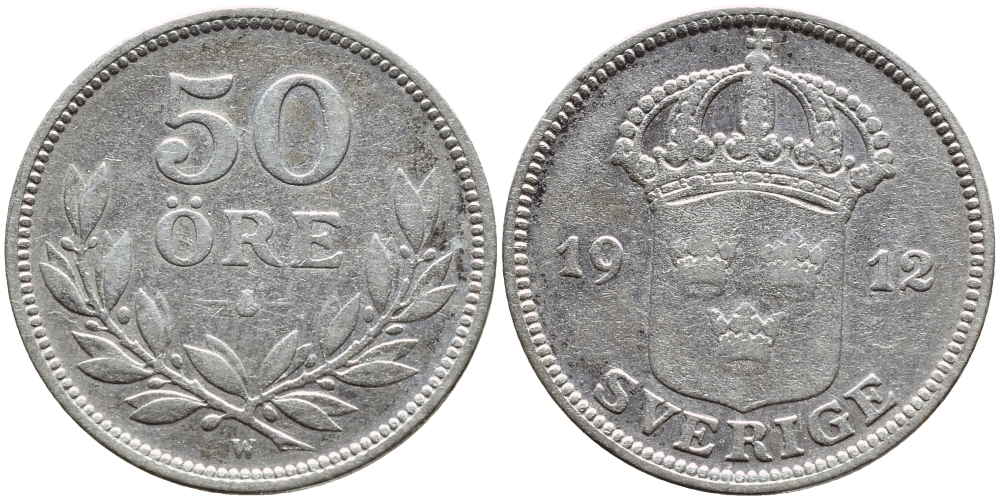 Швеция 50 эре 1912 W, Густав V (1907-1950) KM 788 серебро 1523-345