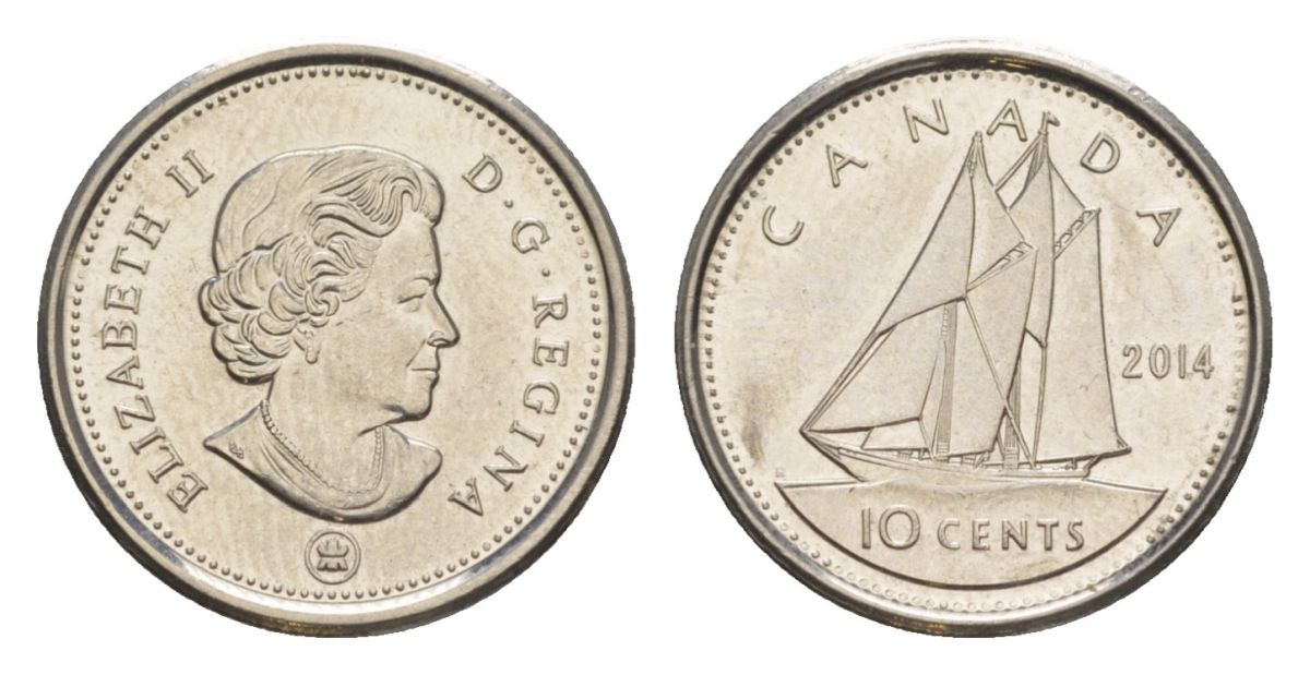 Канада 10 центов 2014 Leaf, Елизавета II (1952-2022), парусник KM 492 сталь плакированная никелем UNC 4630-868