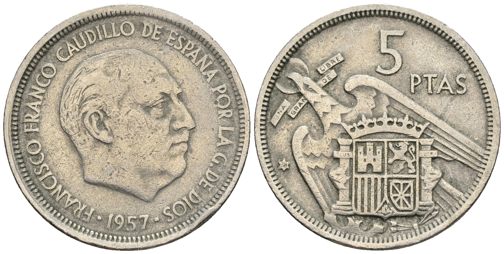 Испания 5 песет 1957 (58) Франсиско Франко (1939-1975) KM 786 медно-никель 85-725