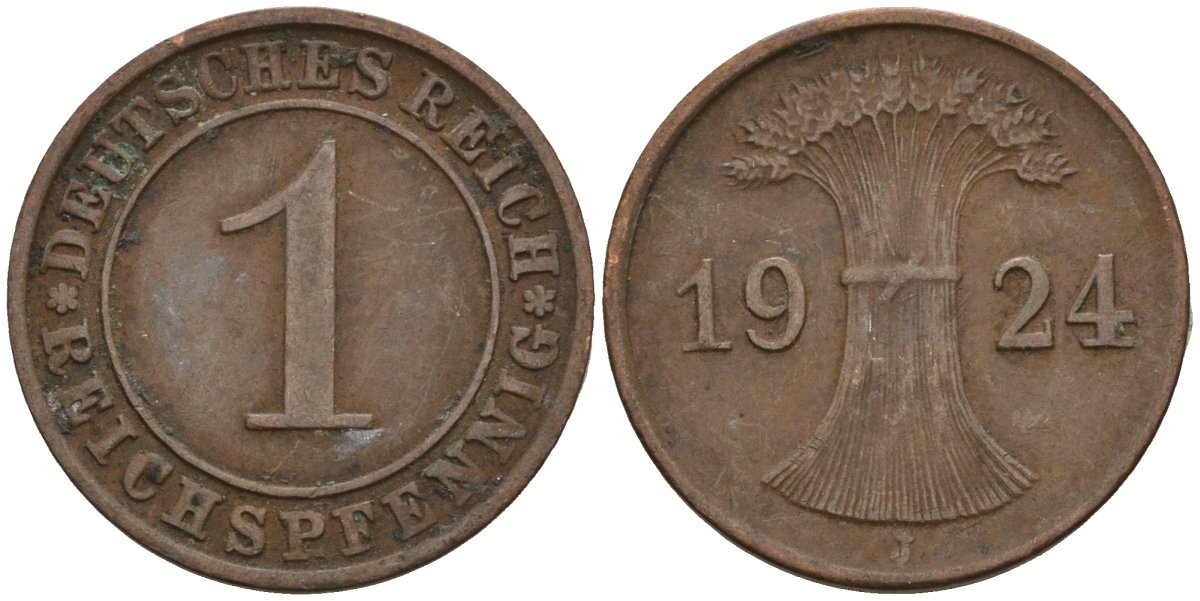 Германия 1 рейхспфенниг 1924 J KM 37, J. 313 бронза 4516-351