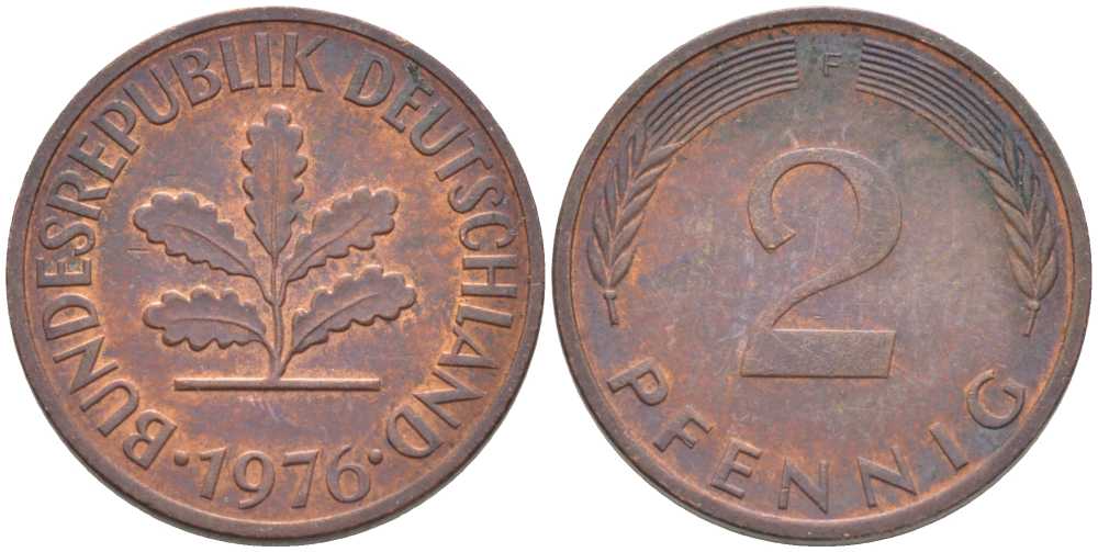 ФРГ 2 ПФЕННИГА 1976 F KM 106a, J. 381a сталь плакированная сталь плакированная медьюю 116-333