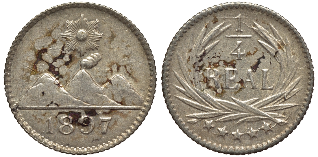 Гватемала 1/4 реала 1897 5 звезд, Испанское правление KM 162 серебро 4549-532