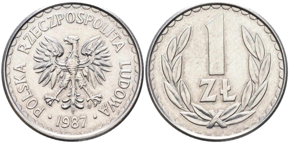 Польша 1 злотый 1987 MW, Народная Республика KM 49.2, Parchimowicz 214b алюминий UNC 4388-216