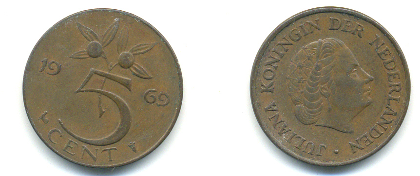 Нидерланды 5 центов 1969 Юлиана (1948-1980) KM 181 бронза 83-851