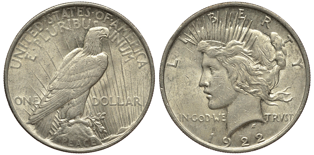 США 1 доллар 1922 доллар мира KM 150 серебро 00-00