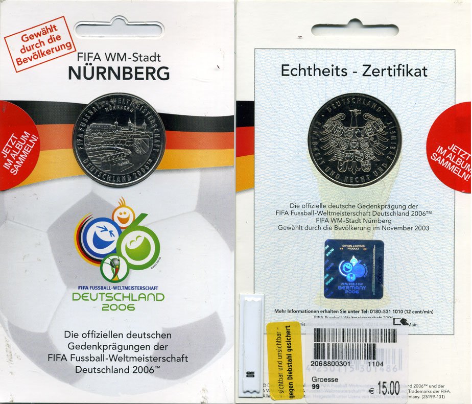 ФРГ МЕДАЛЬ 2006 ОФИЦИАЛЬНАЯ МЕДАЛЬ FIFA, НЮРЕНБЕРГ, В ОРИГИНАЛЬНОМ БУКЛЕТЕ медно-никель UNC 5-3-17