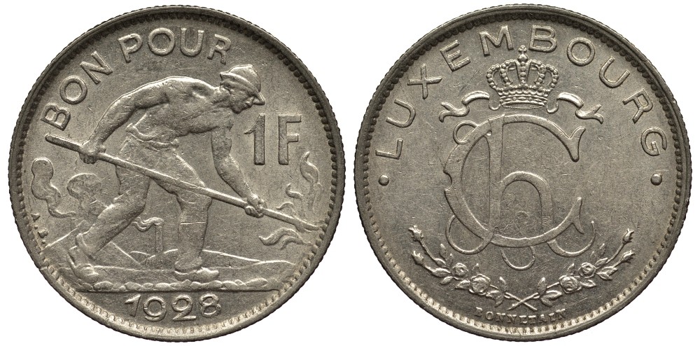 ЛЮКСЕМБУРГ 1 ФРАНК 1928 СТАЛЕВАР, ДИАМЕТР 22,8 ММ., ВЕЛИКАЯ ГЕРЦОГИНЯ ШАРЛОТТА (1919-1964) KM 35 никель 4538-913