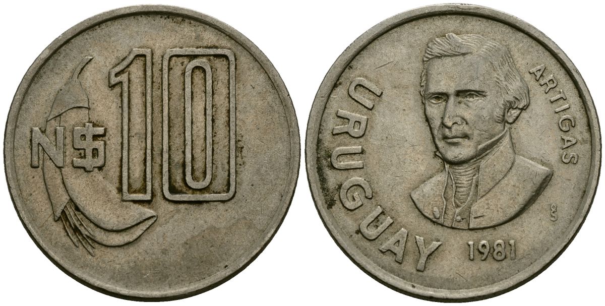 Уругвай 10 песо 1981 Хосе Хервасио Артигас KM 79, Schoen  55 медно-никель 4111-645