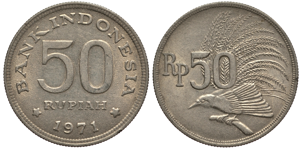 Индонезия 50 рупий 1971 райская птица KM 35 медно-никель 4182-534