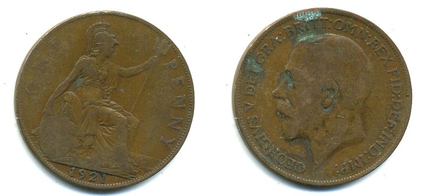 Великобритания 1 пенни 1921 Георг V (1910-1936) KM 810, Spink 4051 бронза 41-531