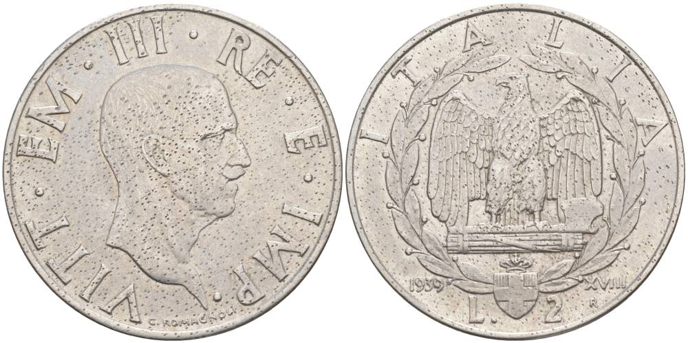 ИТАЛИЯ 2 ЛИРЫ 1939 R, ГОД XVIII, ВИКТОР ЭММАНУИЛ III (1900-1946), немагнитная, ГУРТ РИФЛЁНЫЙ KM78a, VEM3. 1153 a) нержавеющая сталь 3855-241
