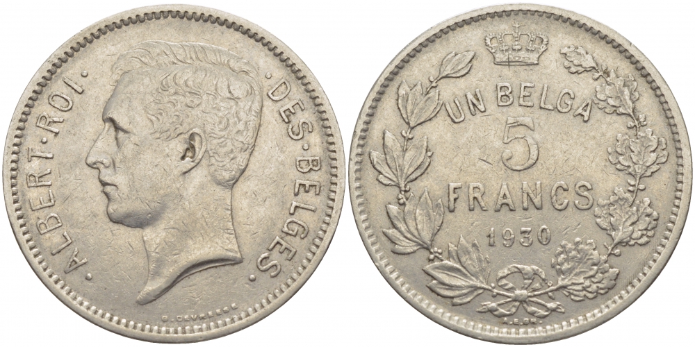 БЕЛЬГИЯ 5 ФРАНКОВ 1930 BELGES KM 97.1 никель 114-825