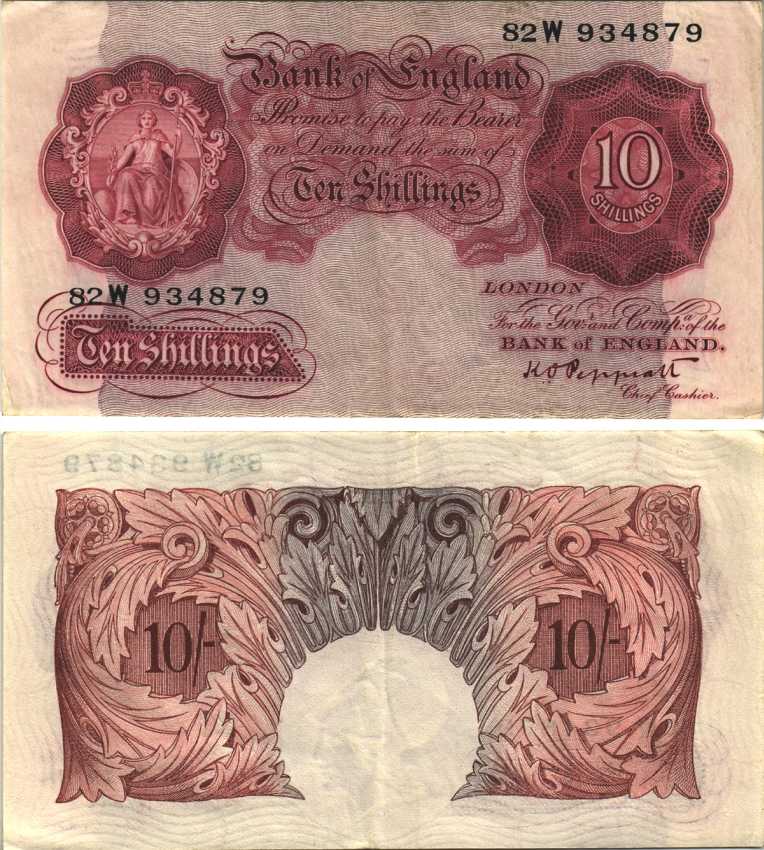 АНГЛИЯ 10 ШИЛЛИНГОВ 1948 КОРИЧНЕВАЯ, ПОДПИСЬ K.O. PEPPIATT, СЕРИЯ 82W Pick 362d бумага VF 7207-41-2