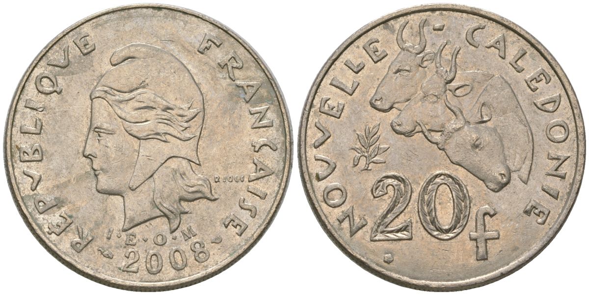 Французская Новая Каледония 20 франков 2008 три быка, (IEOM) KM 12a, Schoen 14a медно-никель 4131-1042