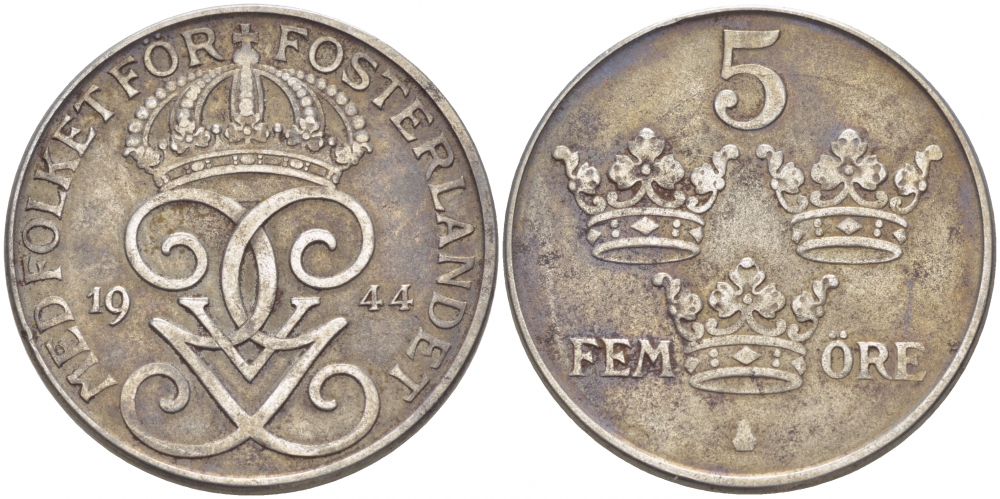 Швеция 5 эре 1944 Густав V (1907-1950) KM 812 железо 175-1025
