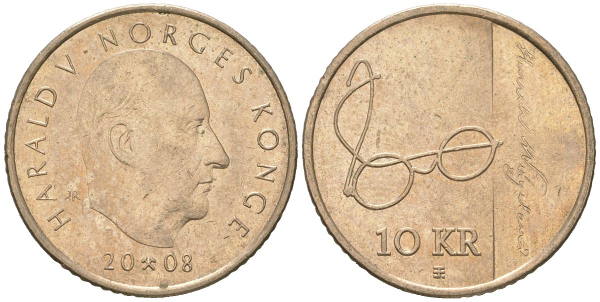 Норвегия 10 крон 2008 Харальд V (1991-) KM 457 никель латунь 4616-1123