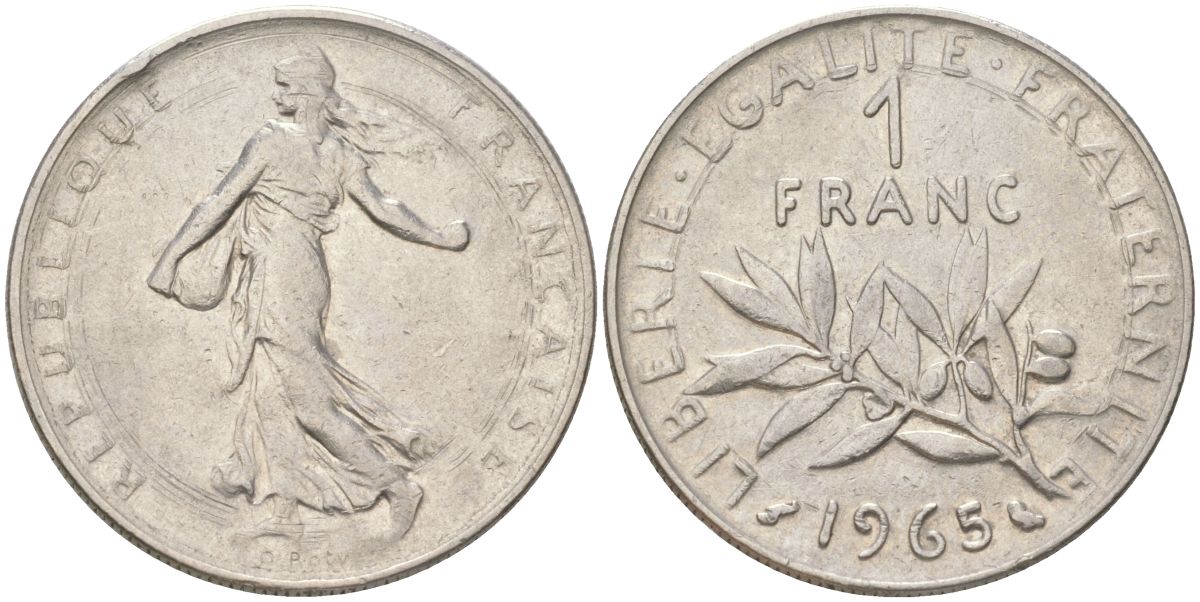 Франция 1 франк 1965 сеятель KM 925.1, Le Franc 226.9 никель 4159-952