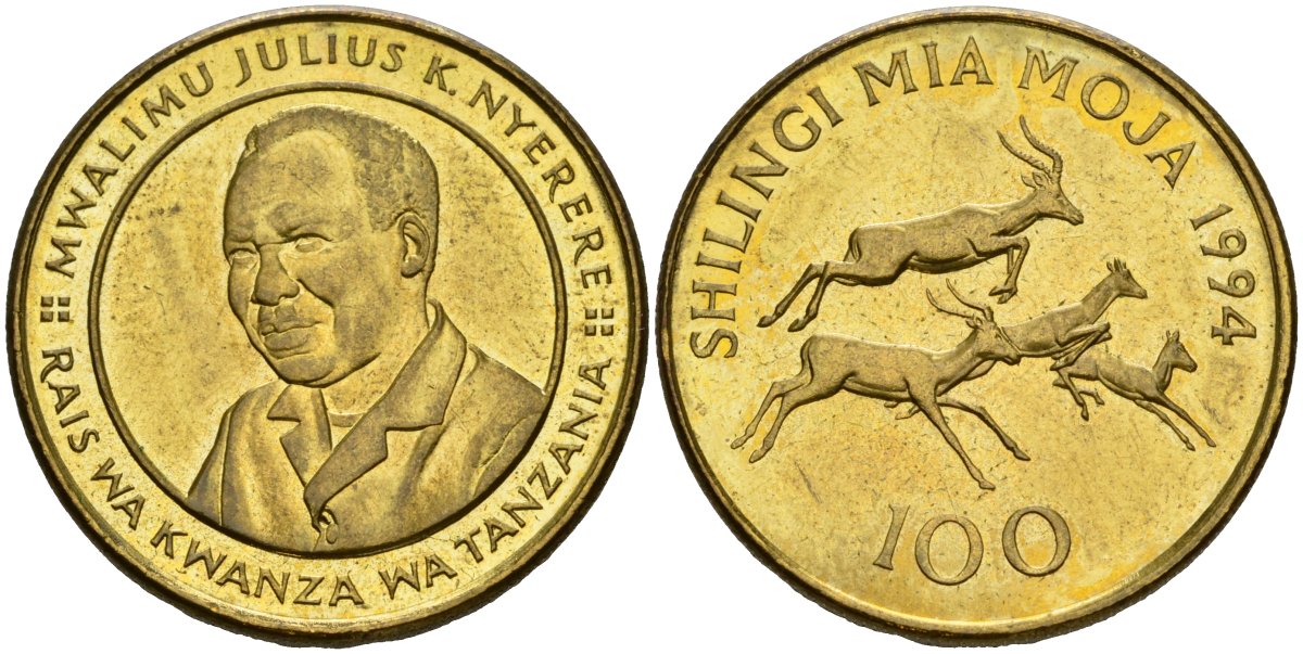 Танзания 100 шиллингов 1994 KM 32 сталь плакированная латунью UNC 106-1053