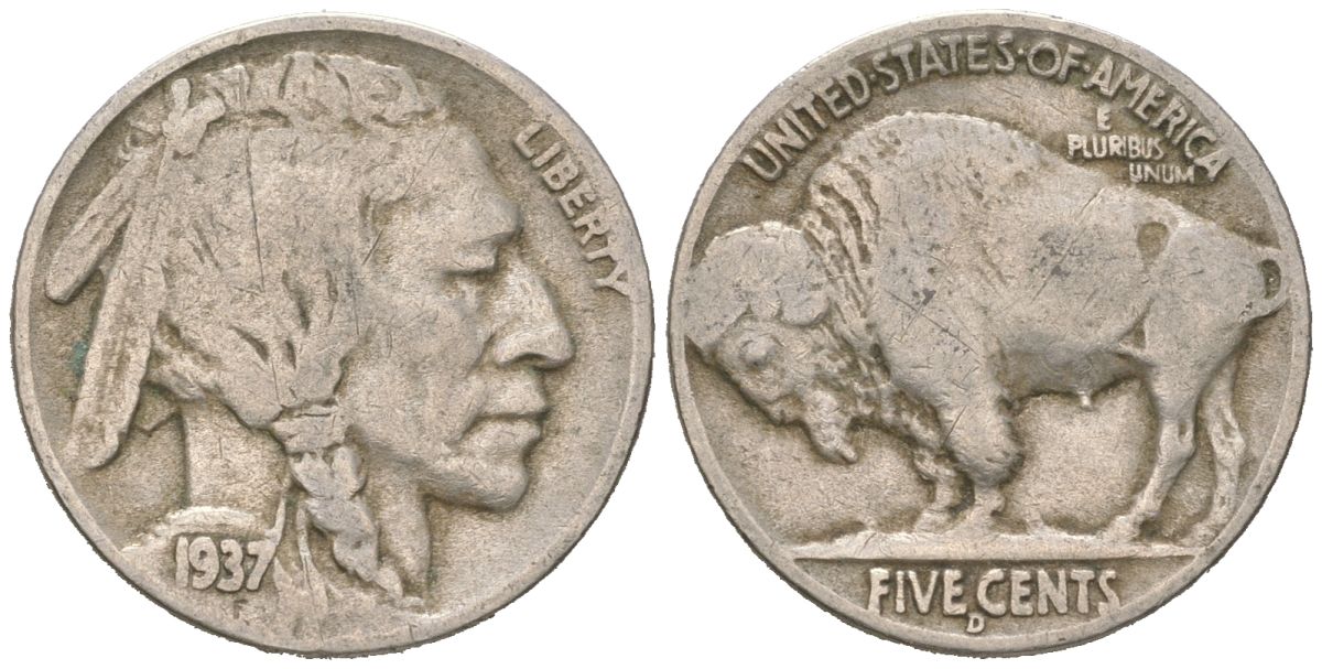 США 5 центов 1937 D, индеец, бизон KM 134 медно-никель 4602-1013