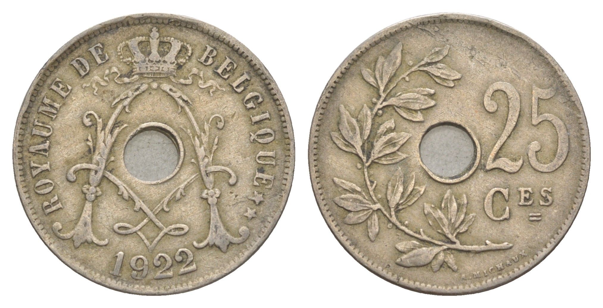 Бельгия 25 сантимов 1922 Belgique KM 68 медно-никель 4629-955