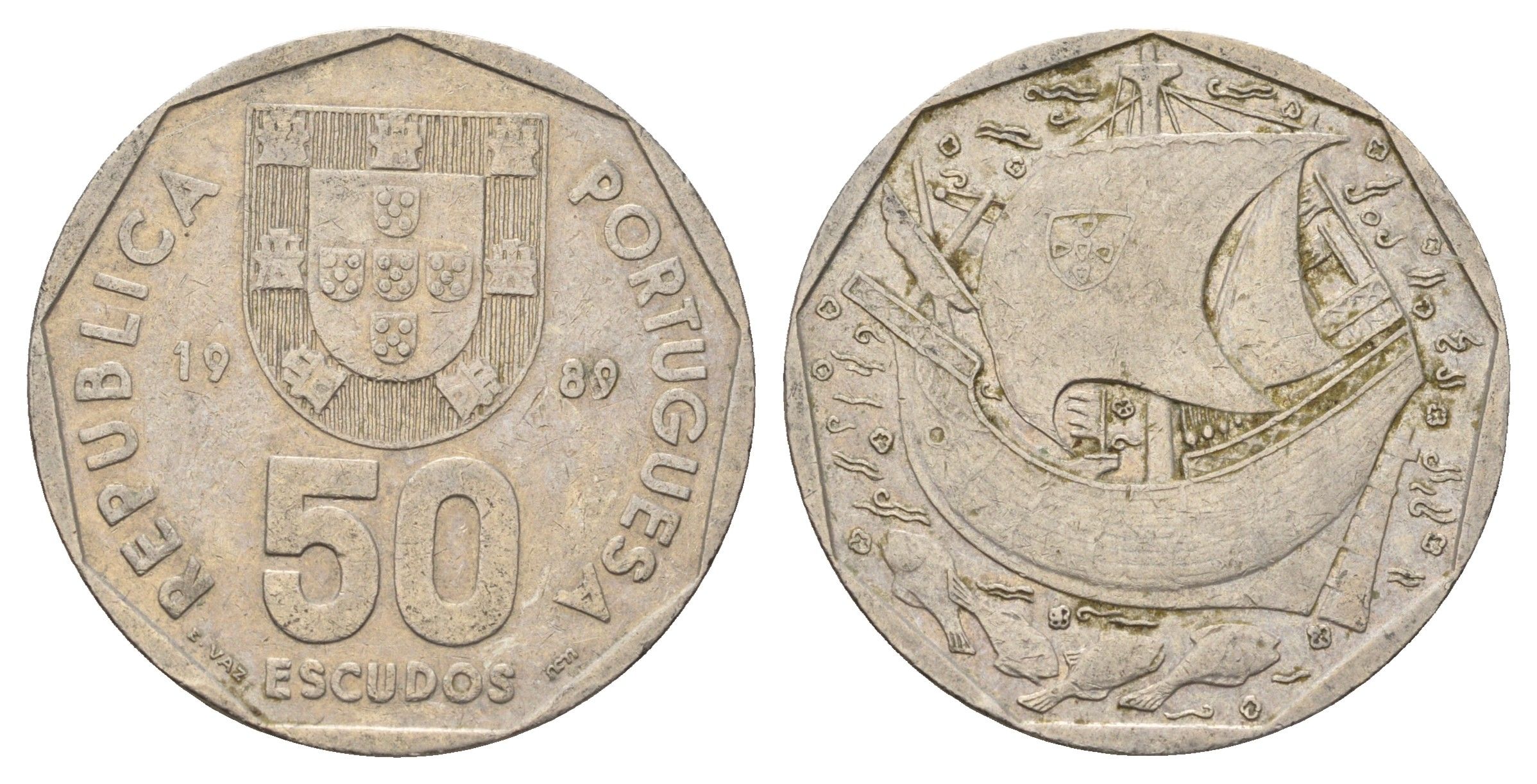 Португалия 50 эскудо 1989 парусник KM 636 медно-никель 4137-541