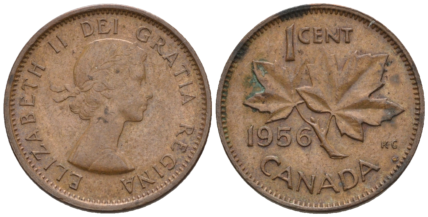 Канада 1 цент 1956 Елизавета II (1952-2022), кленовый лист KM 49 бронза 4609-115