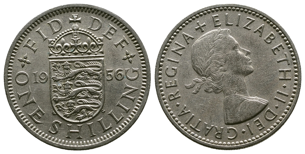 Великобритания 1 шиллинг 1956 Елизавета II (1952-2022), Английский герб KM 904, Spink 4147 медно-никель 4384-343