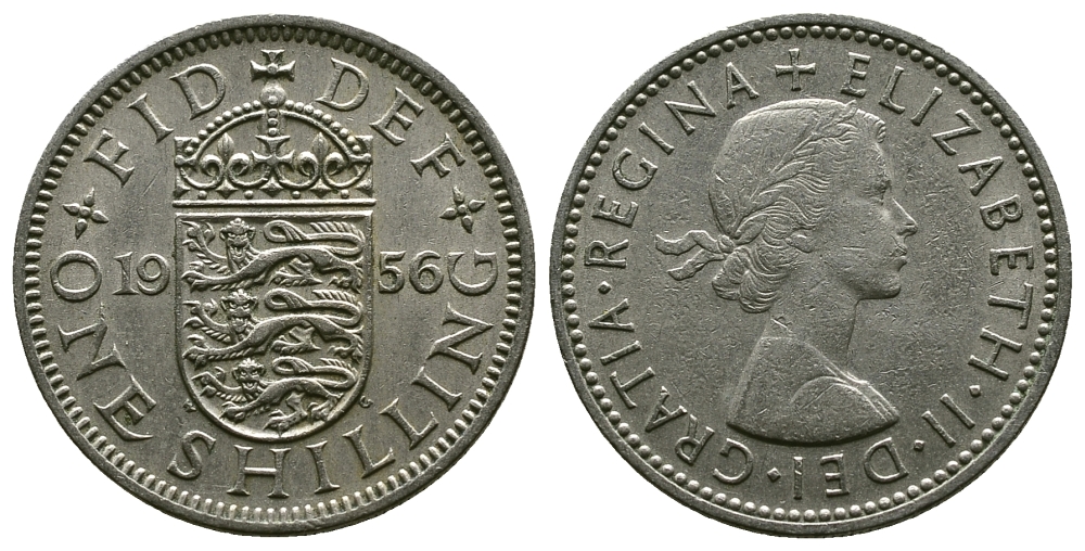 Великобритания 1 шиллинг 1956 Елизавета II (1952-2022), Английский герб KM 904, Spink 4147 медно-никель 4384-335