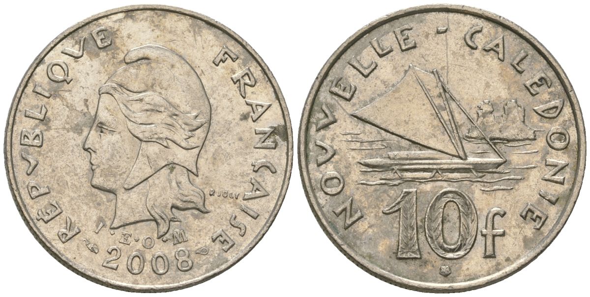 Французская Новая Каледония 10 франков 2008 рыбачья парусная лодка, (IEOM) KM 11a, Schoen 13a, Lec 99k медно-никель 60-744
