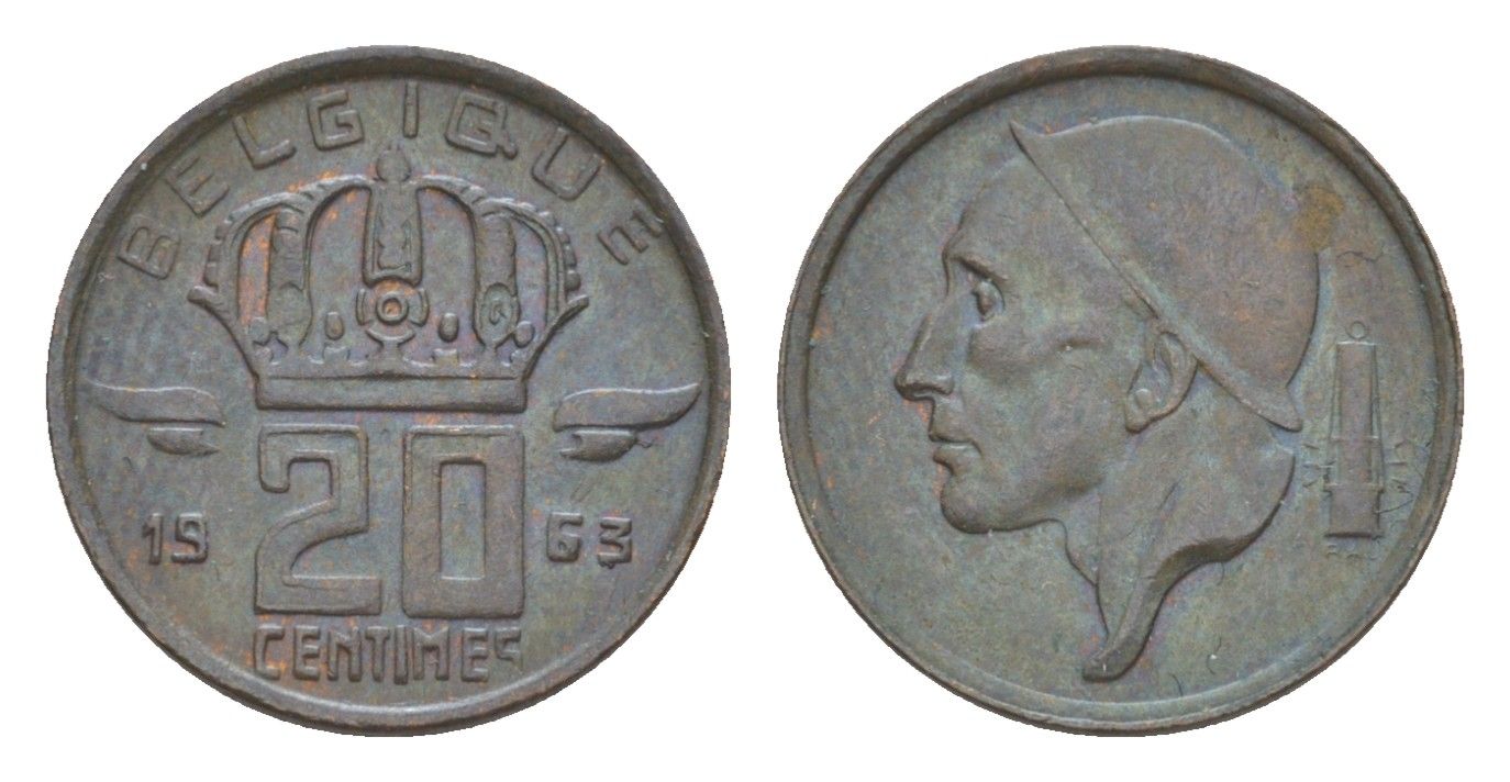 Бельгия 20 сантимов 1963 Belgique, Бодуэн I (1951-1993) KM 146 бронза 4639-717