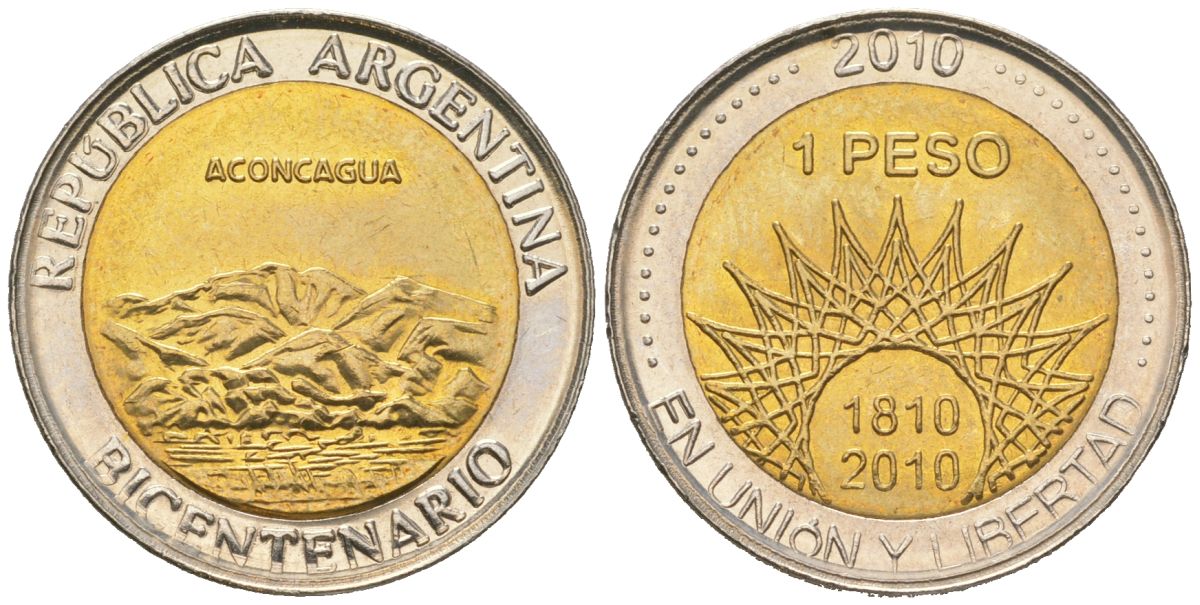 Аргентина 1 песо 2010 200 лет Аргентине - вулкан Аконкагуа KM 157 биметалл UNC 4620-636