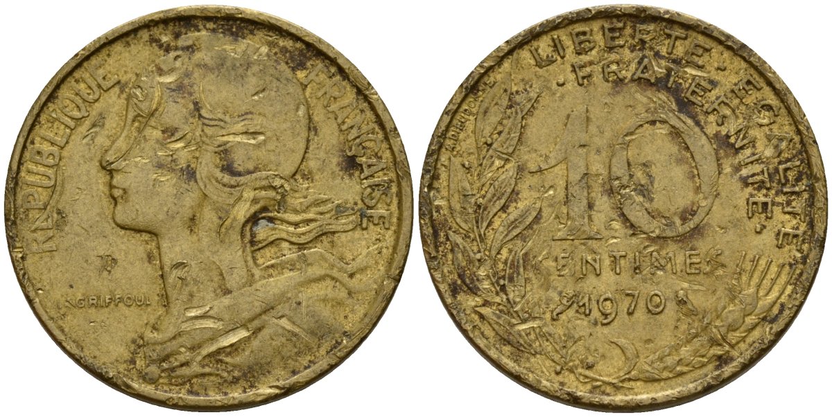Франция 10 сантимов 1970 KM 929 алюминиевая бронза 4154-1067
