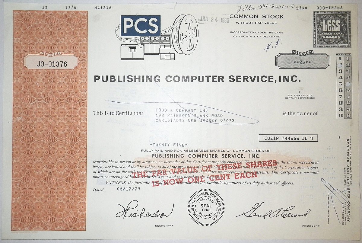 США, Publishing Computer Services, Inc. 25 акций 1979 бумага 8805-45-1