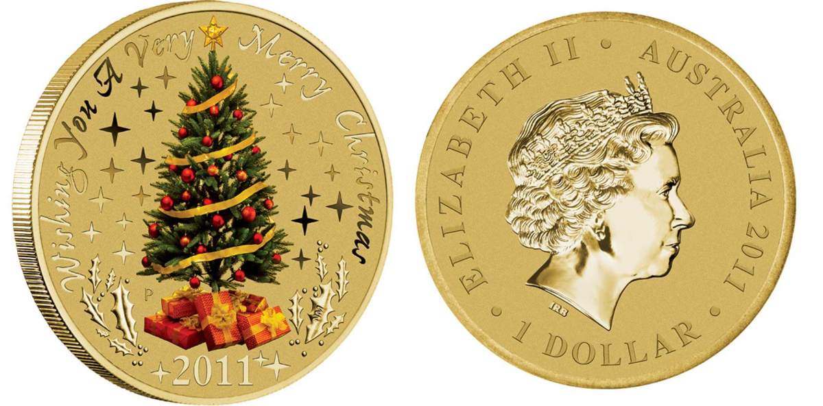 Австралия 1 доллар 2011 с Новым годом, с Рождеством, елка, эмаль KM 1589 алюминиевая бронза UNC M40-02