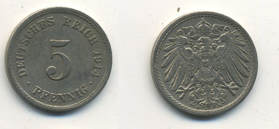 ГЕРМАНИЯ 5 ПФЕННИГОВ 1914 A, KM 11, J. 12 медно-никель 54-645