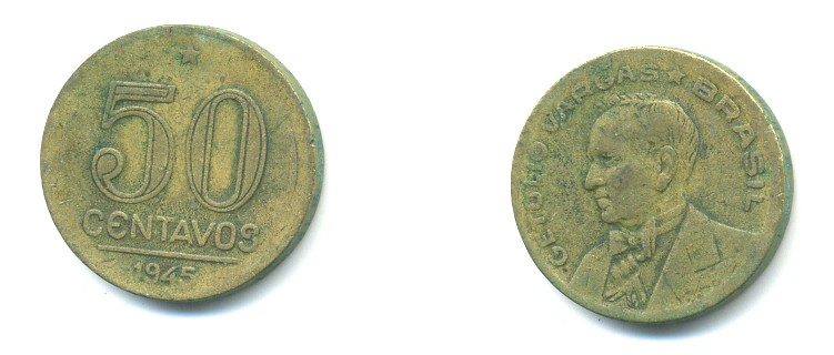 БРАЗИЛИЯ 50 СЕНТАВО 1945 KM 557а алюминиевая бронза 23-1026