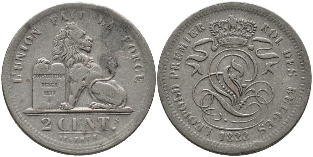 БЕЛЬГИЯ 2 САНТИМА 1833 BELGES KM 4.1 медь 95-643