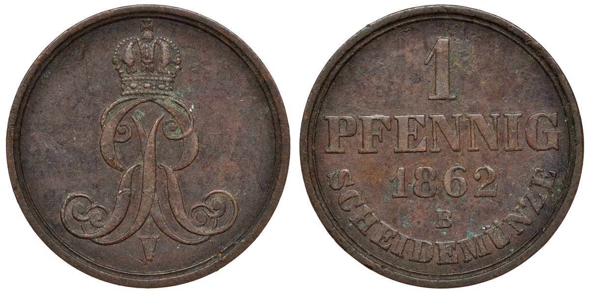 Ганновер 1 пфенниг 1862 B, Георг V KM 233, AKS 156, J. 90 медь 4594-468