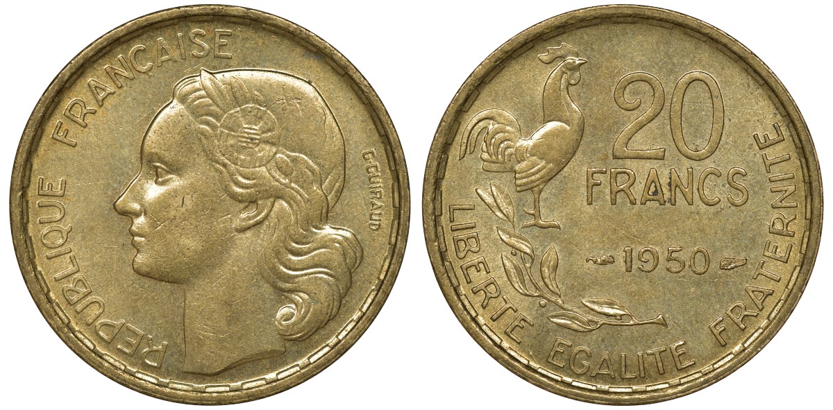 Франция 20 франков 1950 четыре пера KM 917.1, Le Franc 402.3 алюминиевая бронза 4163-735