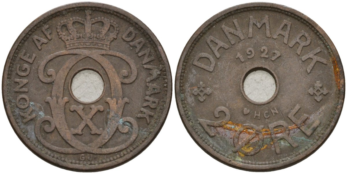 Дания 2 эре 1927 Кристиан X (1912-1947) KM 827 бронза 4147-438