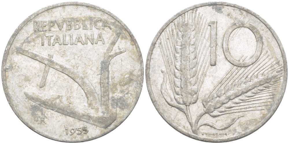 ИТАЛИЯ 10 ЛИР 1955 R, ПЛУГ, КОЛОСЬЯ KM 93 алюминий 175-347