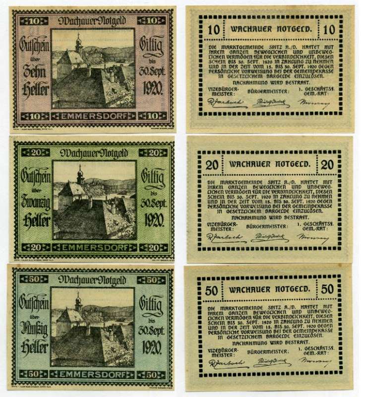 Австрия, Эммерсдорф-ан-дер-Донау набор из 3 банкнот 10, 20, 50 геллеров 1920 30 сентября 1920, нотгельд, ярмарочная коммуна, земля Нижняя Австрия   бумага  UNC (пресс) 7555-29-3-1