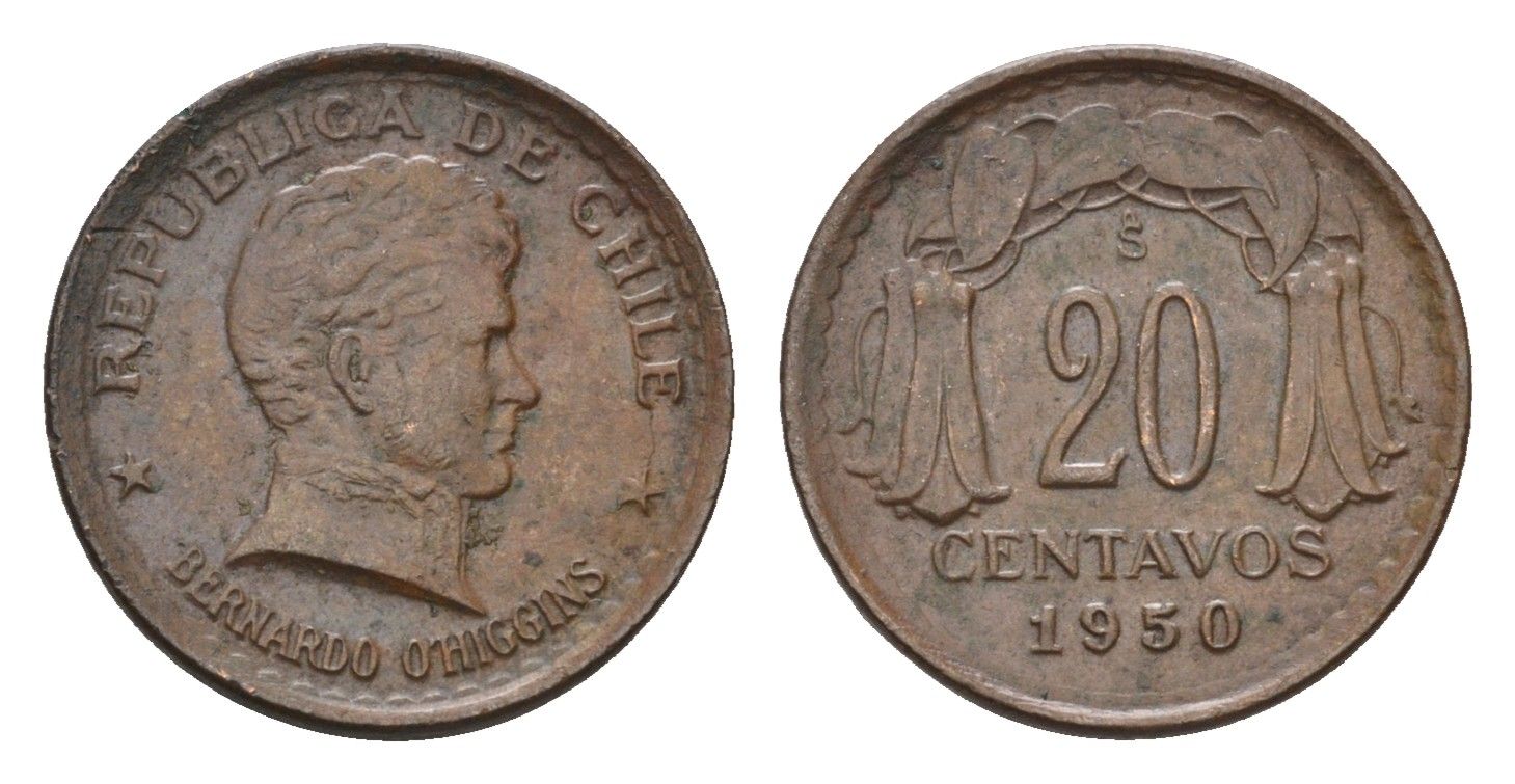 Чили 20 сентаво 1950 KM 177 медь 4689-136