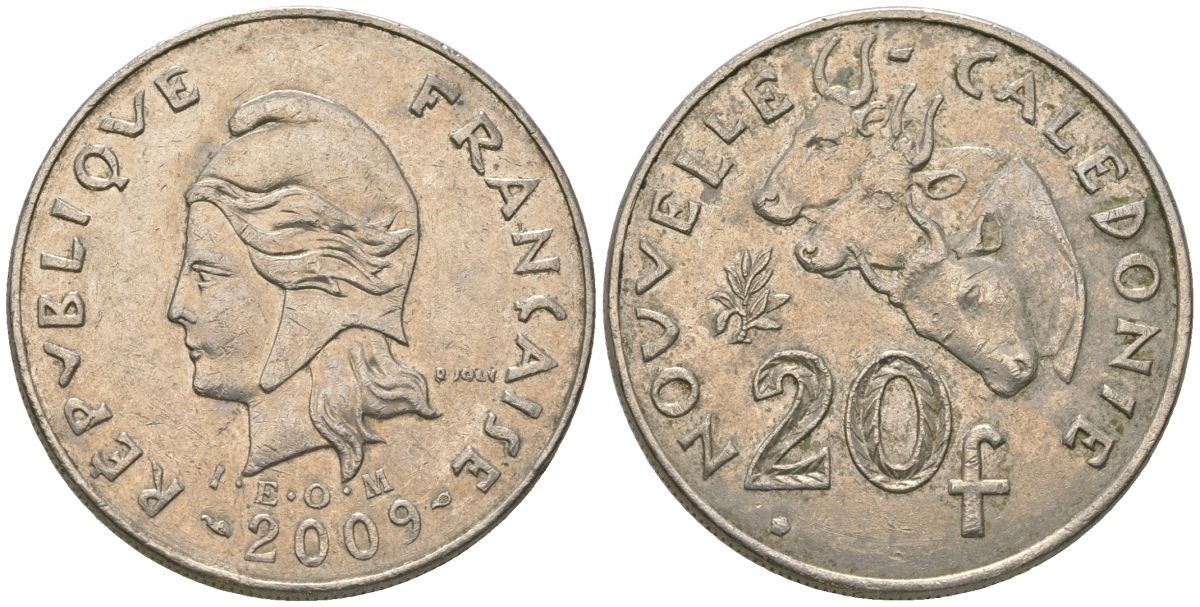 Французская Новая Каледония 20 франков 2009 три быка, (IEOM) KM 12a, Schoen 14a, Lec 115j медно-никель 84-624