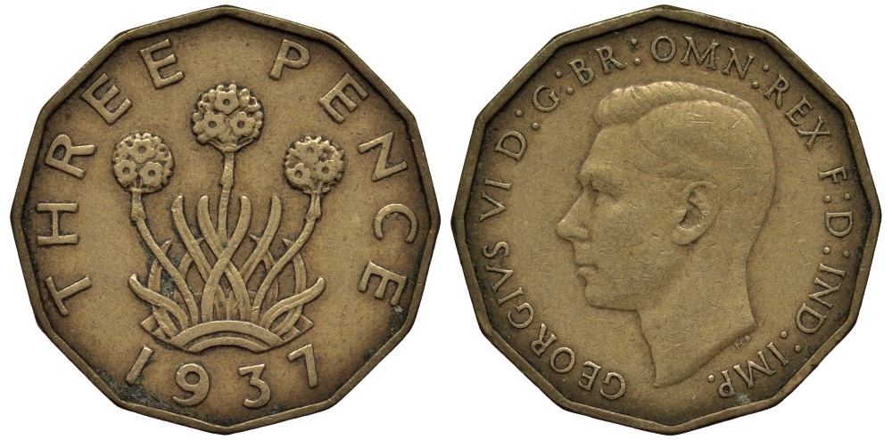 Великобритания 3 пенса 1937 Георг VI (1936-1952) KM 849, Spink 4112 никель латунь 4538-1056