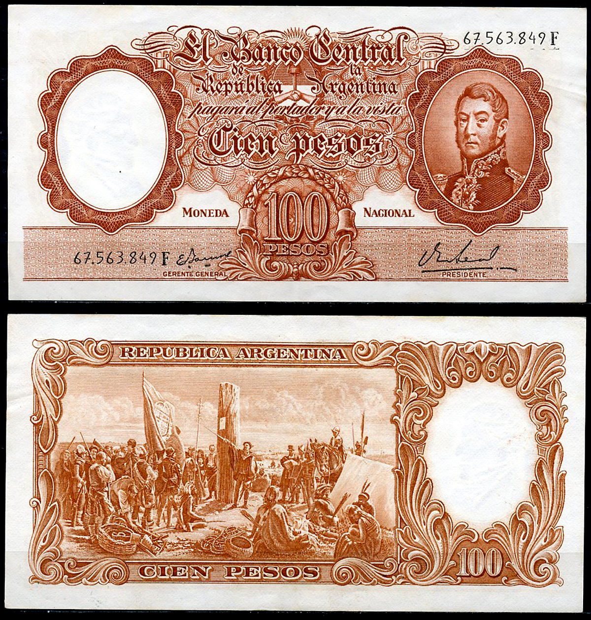 Аргентина 100 песо ND (1967-1969) Генерал Сан Мартин, картина "Основание Буэнос-Айреса", без Ley Pick 277 (1F)  бумага  аUNC  444-137-2-2