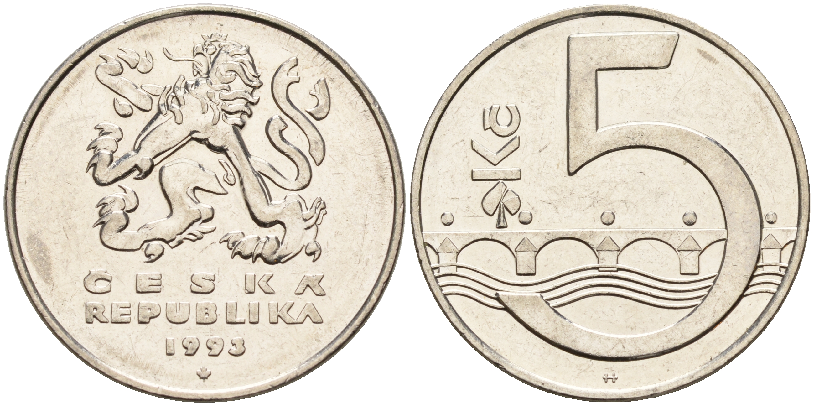 Чехия 5 крон 1993 чешский лев, Карлов мост KM 8 сталь плакированная никелем    4143-314