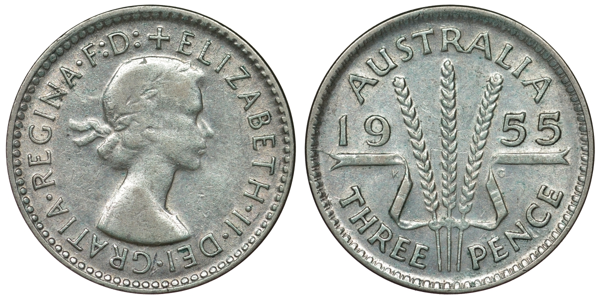 Австралия 3 пенса 1955 m, Елизавета II (1952-2022) KM 57 серебро 71-423