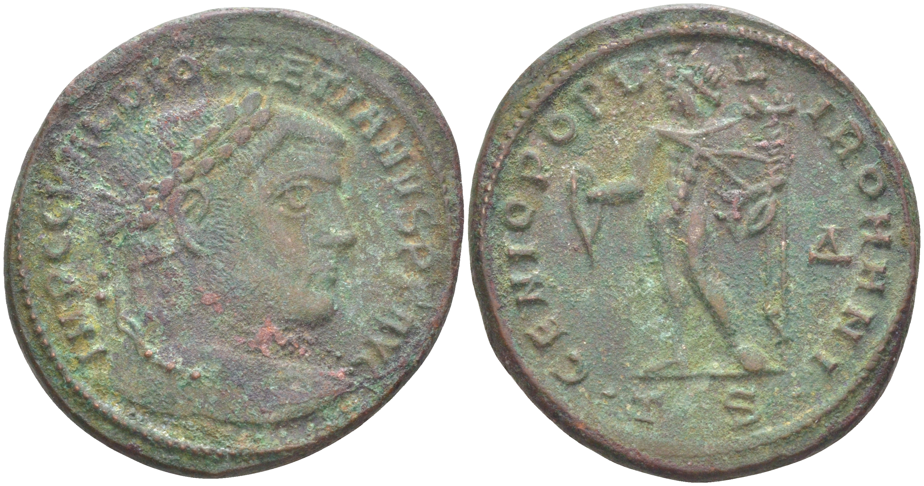 Римская Империя нуммий 302 - 303 Диоклетиан, бюст императора, IMP C C VAL DIOCLETIANVS P F AVG / Гений Римского народа, GENIO POPVLI ROMANI TS, Фессалоника RIC 25а биллон 1073-23-32